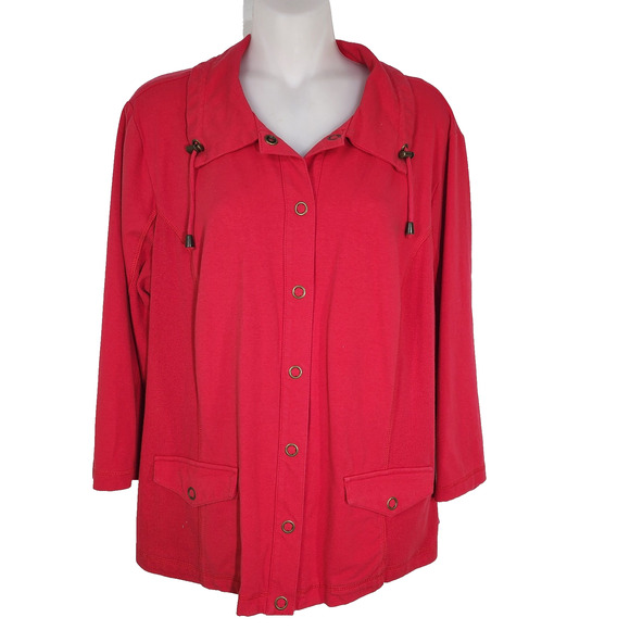 Weekends by Chico's Jacket Women’s Size 2 Large Red Snap Front 3/4 Sleeves Knit - Picture 1 of 12